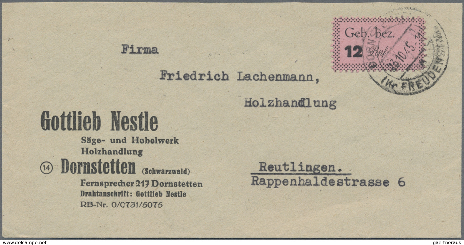 Deutsche Lokalausgaben Ab 1945: FREUDENSTADT, 1945, 12 Pf Schwarz A. Rosa, Einze - Andere & Zonder Classificatie