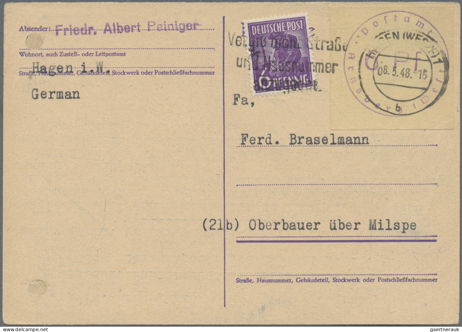 Alliierte Besetzung - Notstempel: 1948, ARNSBERG(WESTF): Notausgabe, 6 Pf Violet - Sonstige & Ohne Zuordnung