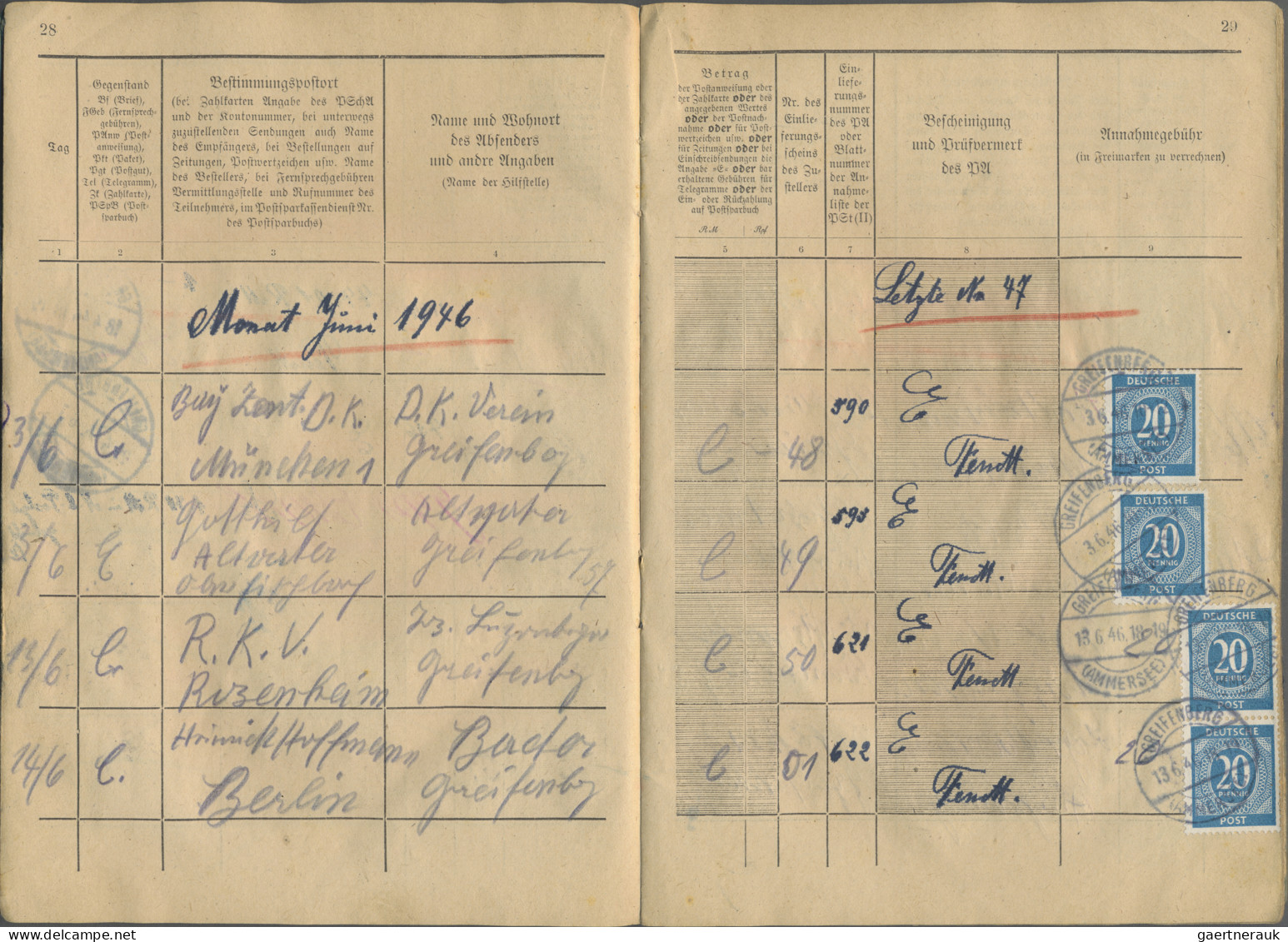 Alliierte Besetzung - Besonderheiten: 1944/47, GREIFENBERG(AMMERSEE): Annahmebuc - Autres & Non Classés