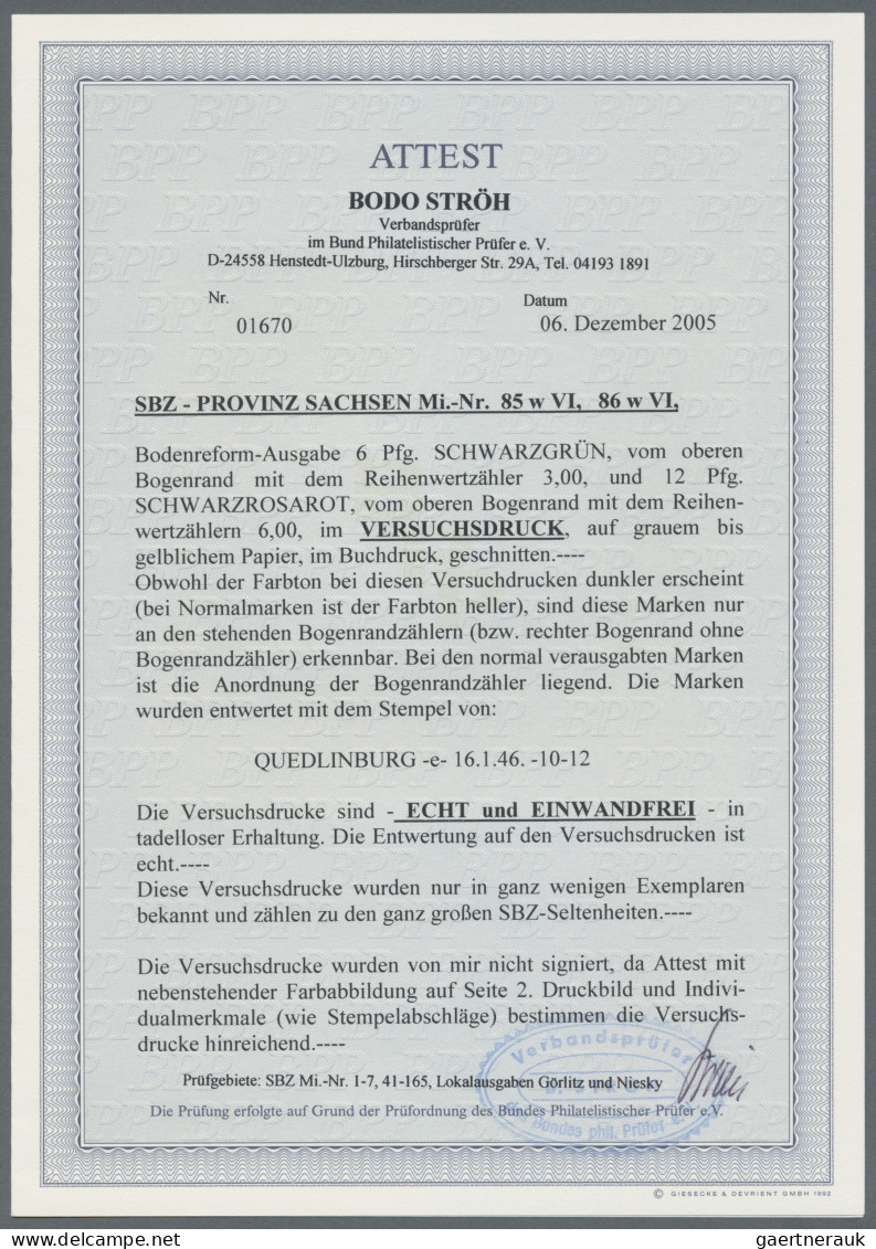 Sowjetische Zone - Provinz Sachsen: 1945, VERSUCHSDRUCKE 6 Und 12 Pfg Bodenrefor - Sonstige & Ohne Zuordnung