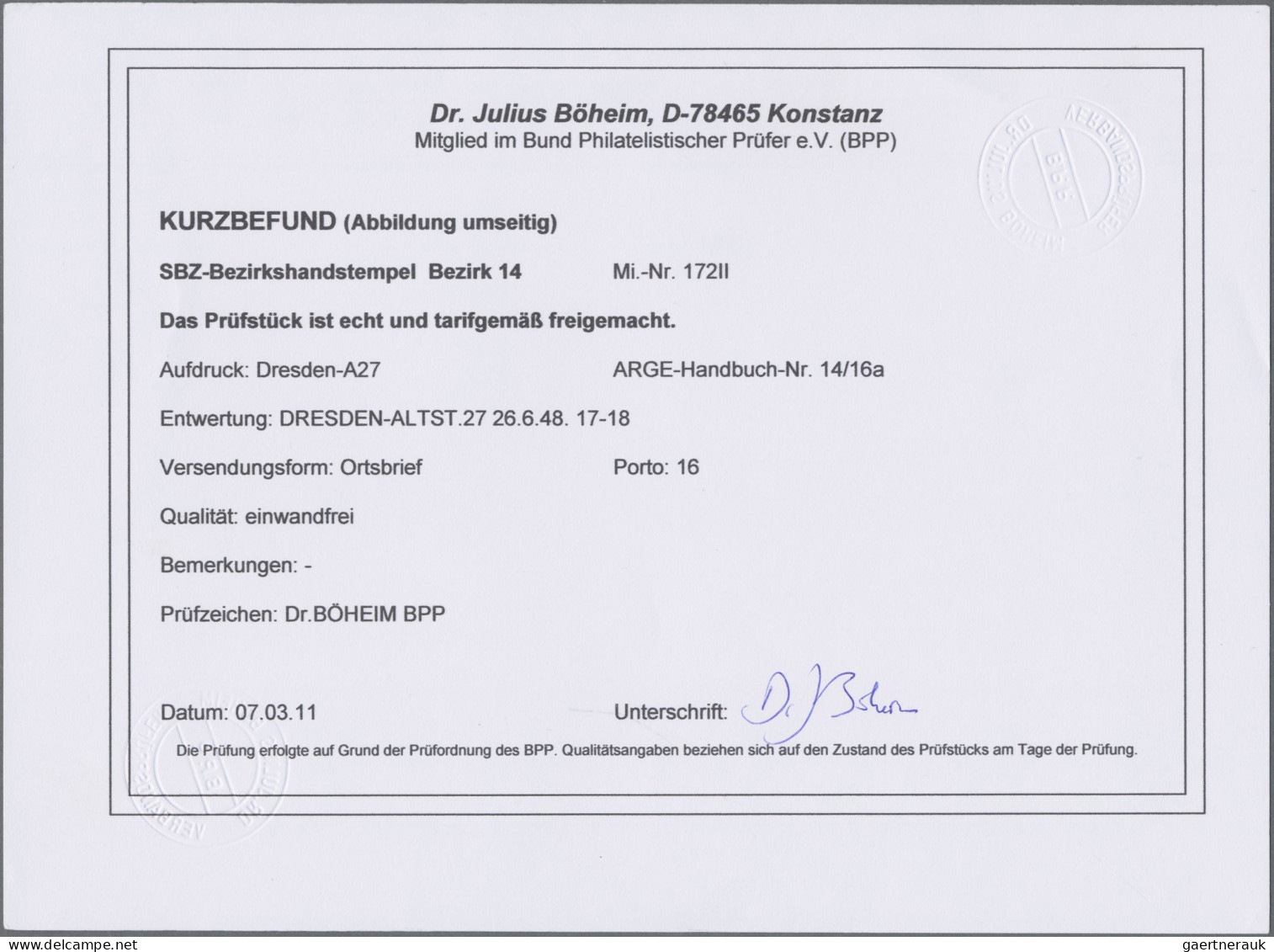 Sowjetische Zone - Bezirkshandstempel - II - Bez. 14 (Dresden): Dresden 27: 16 P - Andere & Zonder Classificatie