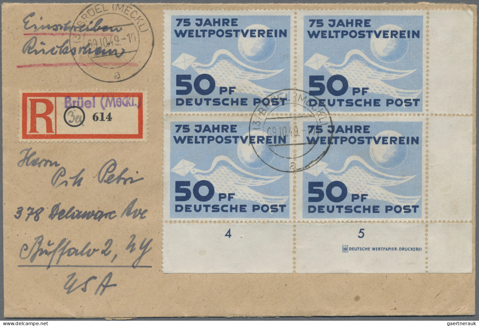 DDR: 1949, 50 Pf UPU Im Herrlichen 4er-Eckrandblock Mit Druckereizeichen Als Tar - Storia Postale