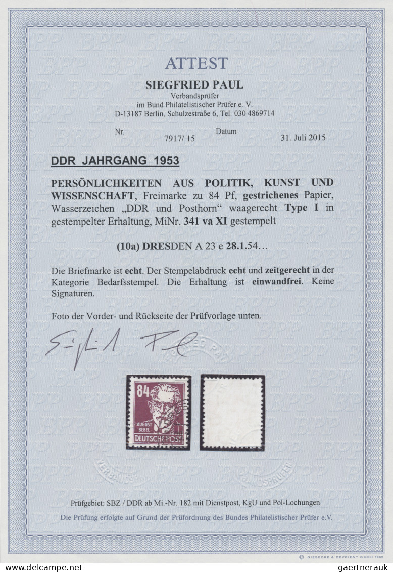 DDR: 1953, 84 Pfg August Bebel, Gestrichenes Papier, Wasserzeichen "DDR Und Post - Gebraucht