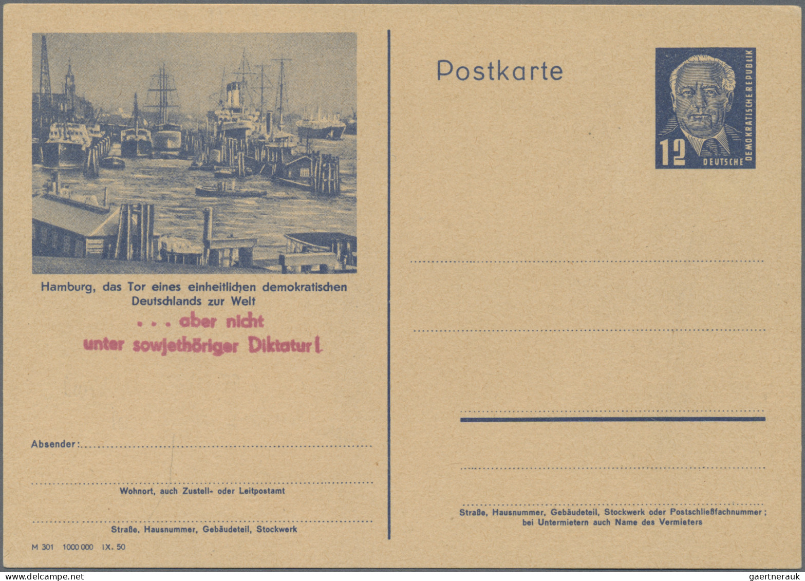 DDR - Ganzsachen: 1950, Postkarte 12 Pf Pieck (Abb. Hamburger Hafen), Mit Probea - Autres & Non Classés