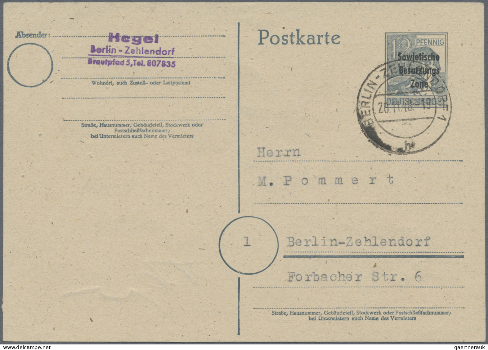 Berlin - Vorläufer: 1948, SBZ-Ganzsachenkarte 12 Pfg. Maschinenaufdruck Bedarfsg - Covers & Documents