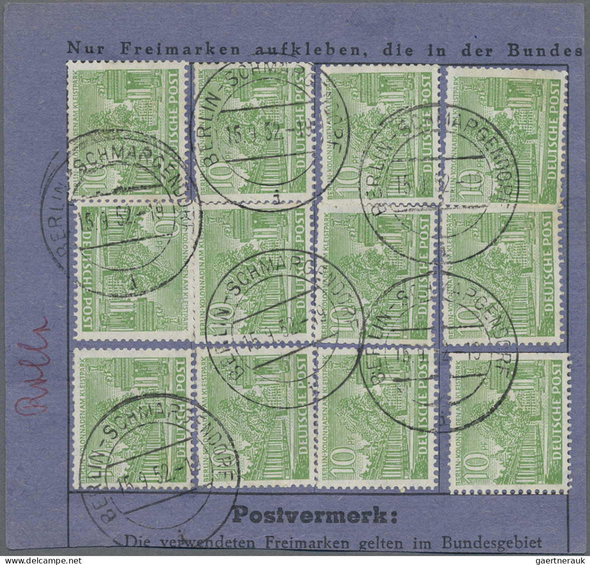 Berlin: 1949, Bauten I, 10 Pfg. Grün Rollenmarke, Zwölf Werte Auf Postsparkarten - Sonstige & Ohne Zuordnung