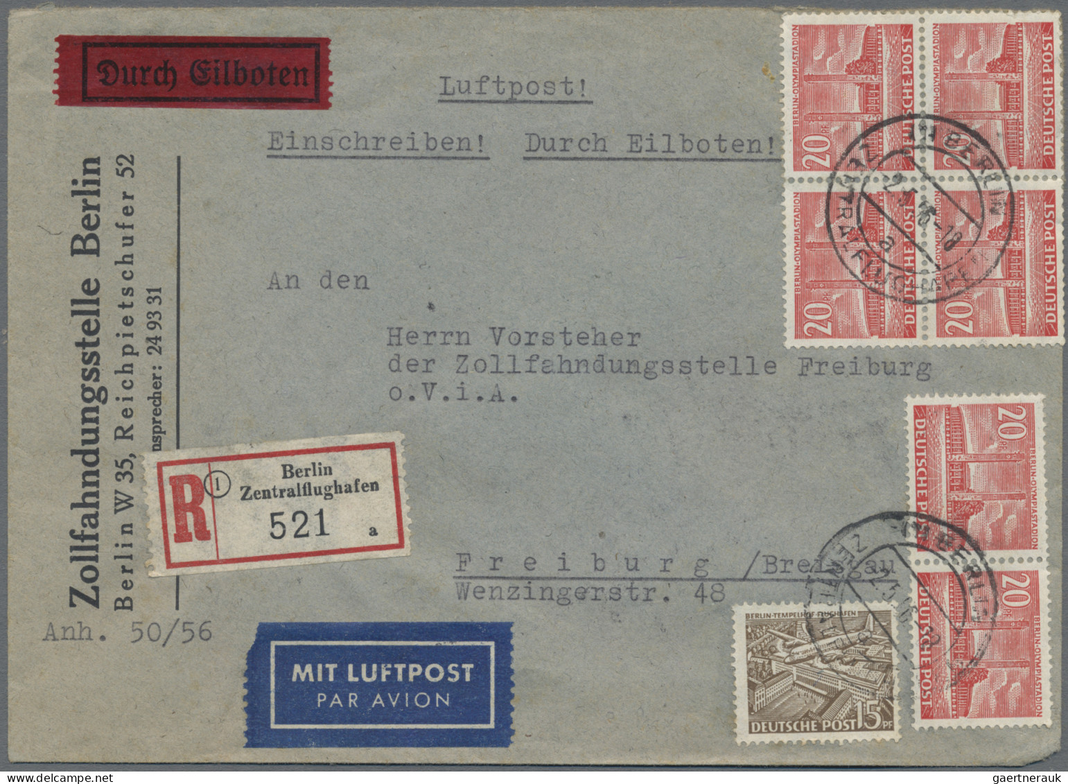 Berlin: 1951/1956, Zwei Luftpost-Eilboten-Einschreiben-Briefe (Inland/Ausland): - Lettres & Documents