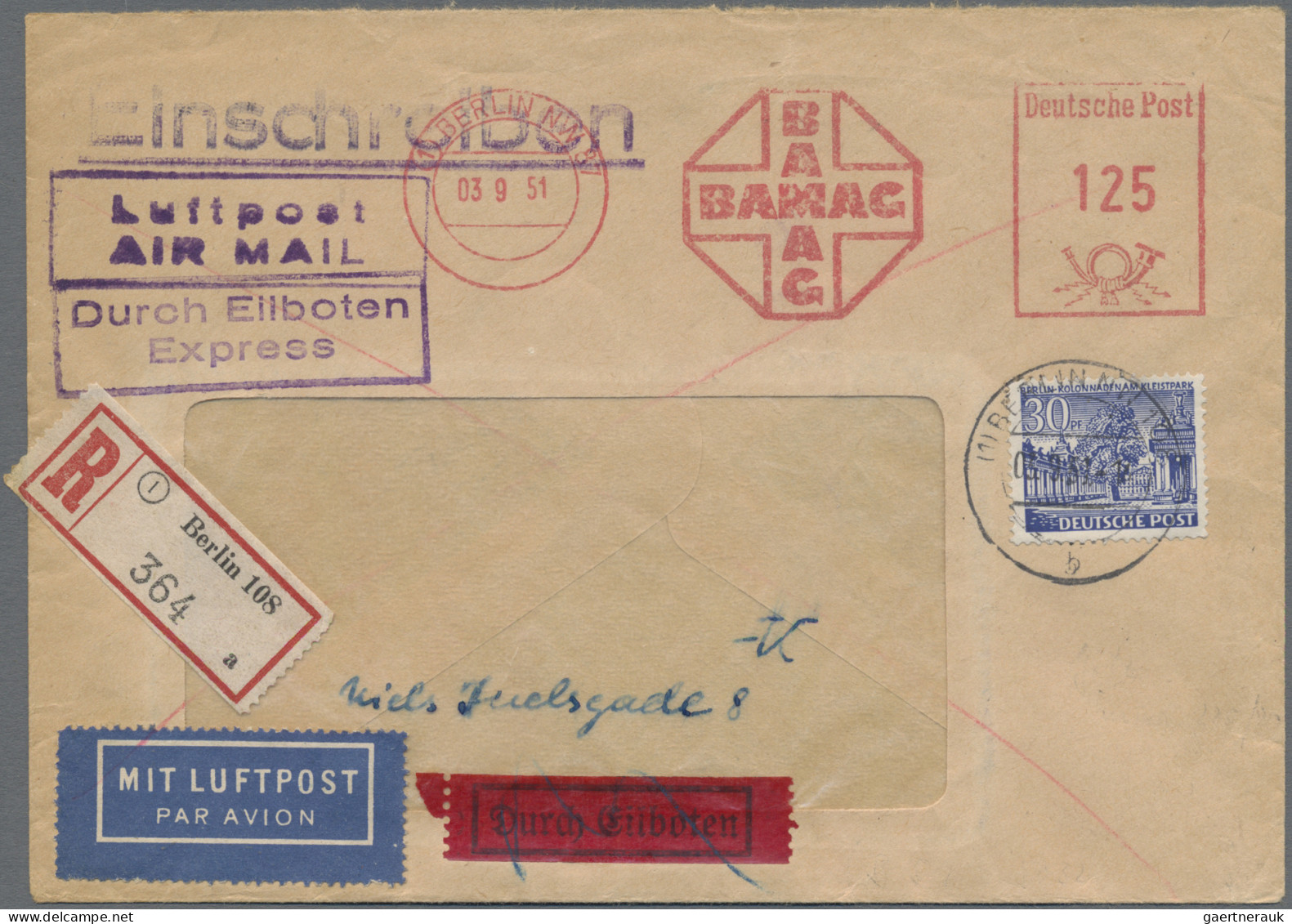 Berlin: 1951/1956, Zwei Luftpost-Eilboten-Einschreiben-Briefe (Inland/Ausland): - Lettres & Documents