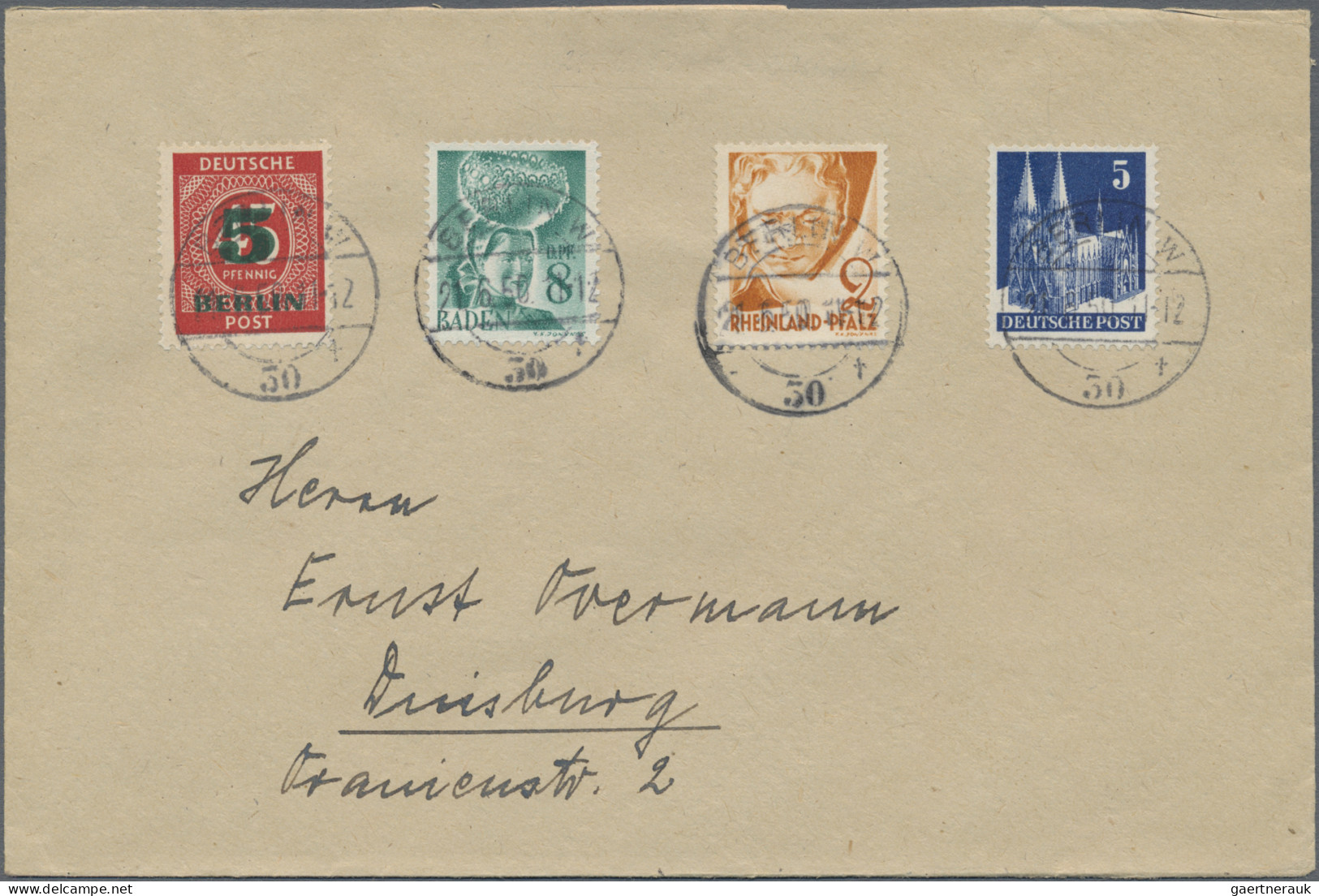 Berlin: 1950, 5 Pf Grünaufdruck Berlin, 2 Pf Rheinland-Pfalz, 5 Pf Bizone Kölner - Cartas & Documentos