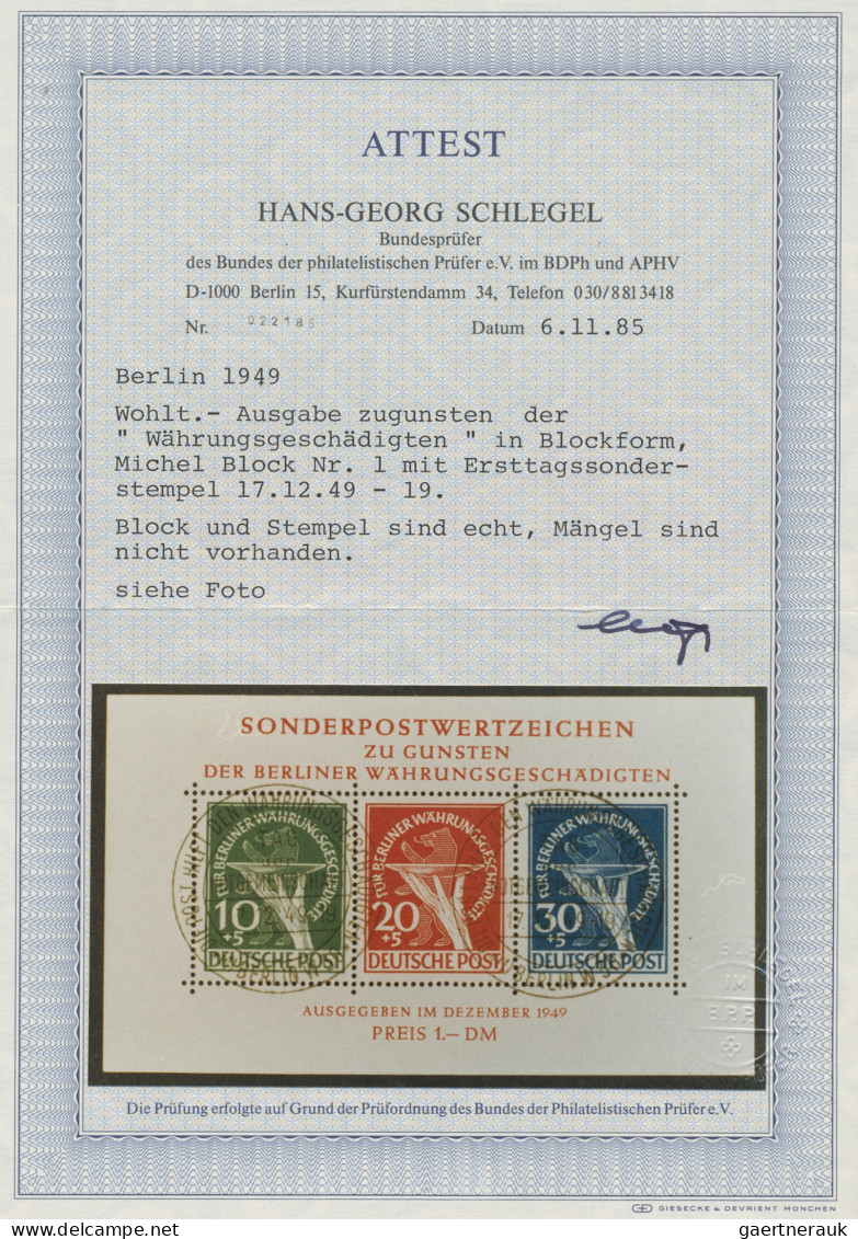 Berlin: 1949, Währungsgeschädigten-Block Mit Ersttags-Sonderstempel, Foto-Attest - Usati