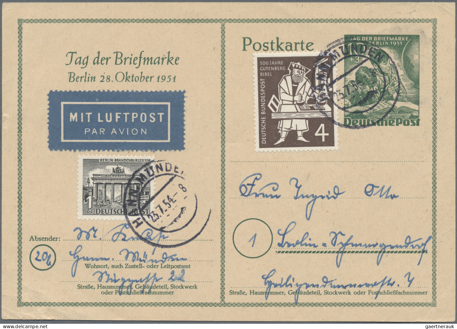 Berlin - Ganzsachen: 1951, 10 Pfg. Tag Der Briefmarke, Ganzsachenkarte Mit Zusat - Andere & Zonder Classificatie