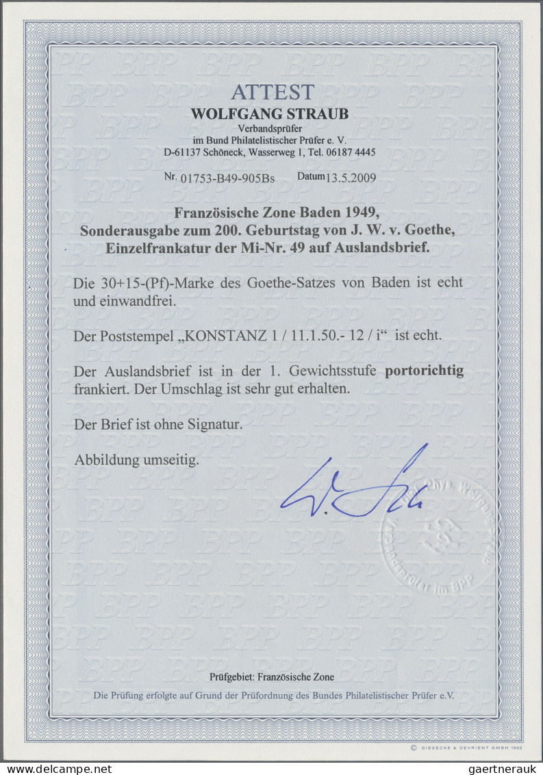 Französische Zone - Baden: 1949, Goethe 30 Pfg. Blau Als Portogerechte Einzelfra - Sonstige & Ohne Zuordnung