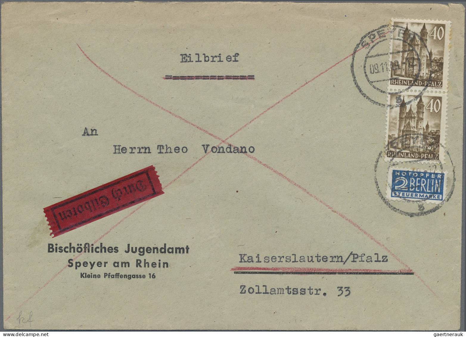 Französische Zone - Rheinland Pfalz: 1949, 40 Pfg. Olivbraun, Zwei Portogerechte - Autres & Non Classés