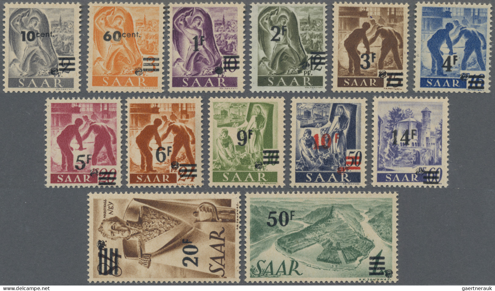 Saarland (1947/56): 1947, Saar-Urdruck 10 C - 50 Fr, 13 Werte Komplett Postfrisc - Ongebruikt