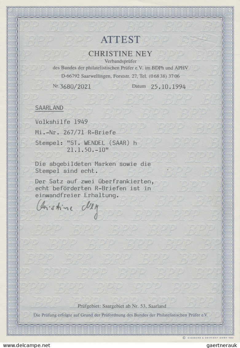 Saarland (1947/56): 1949, VOLKSHILFE (I), Komplette Serie Auf Zwei überfrankiert - Lettres & Documents