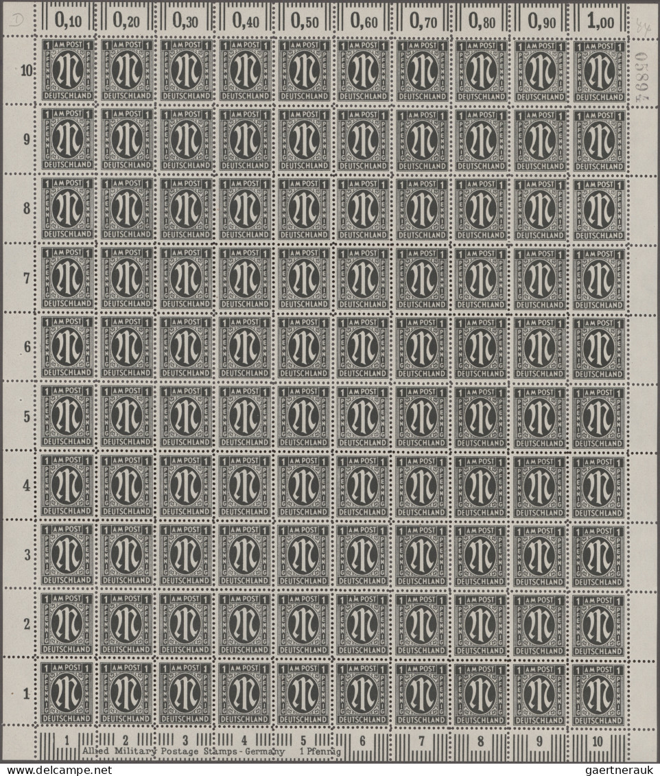 Bizone: 1945, AM-Post 1 Pf Deutscher Druck, Kompletter Postfrischer Bogen Typ 3 - Altri & Non Classificati