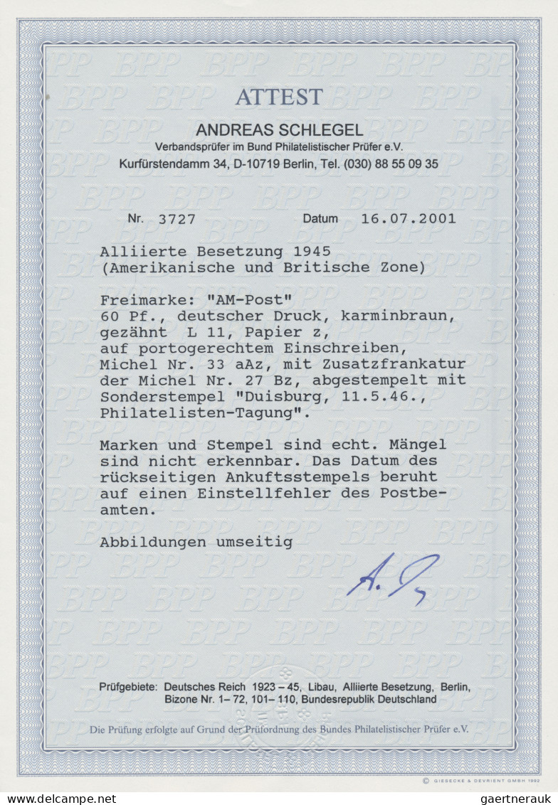 Bizone: 1946, 60 Pf.AM-Post Deutscher Druck, Karminbraun, Gez. L11, Papier Z Mit - Other & Unclassified