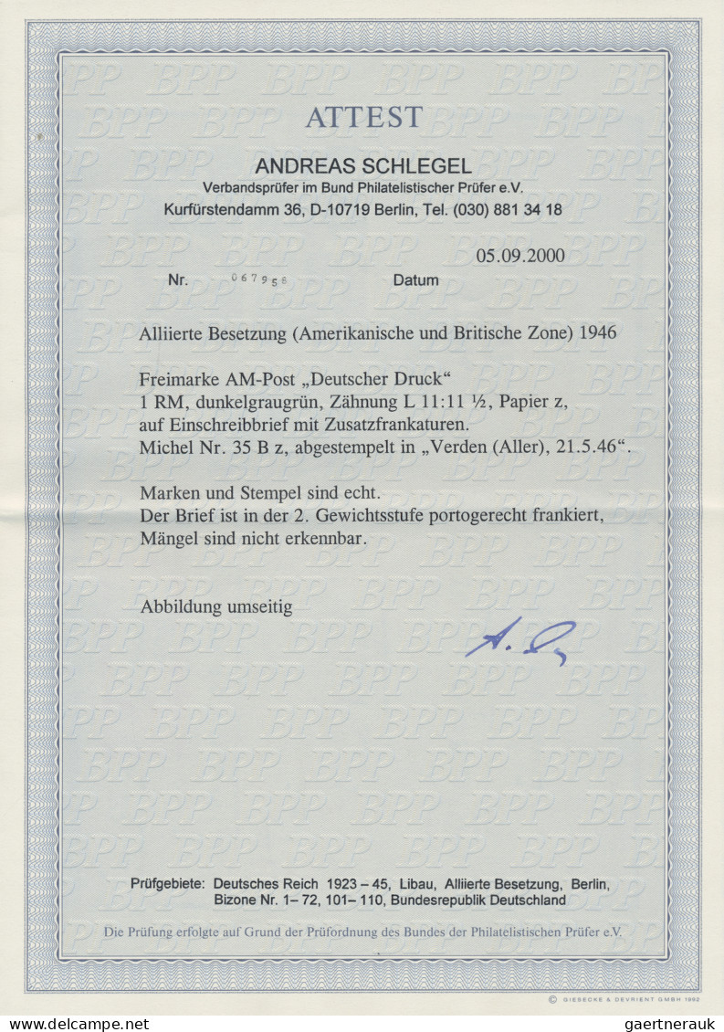 Bizone: 1946, 1 RM AM-Post Gez. L11:11½, Papier Z Mit ZuF Auf Tarifgerechtem R-B - Sonstige & Ohne Zuordnung