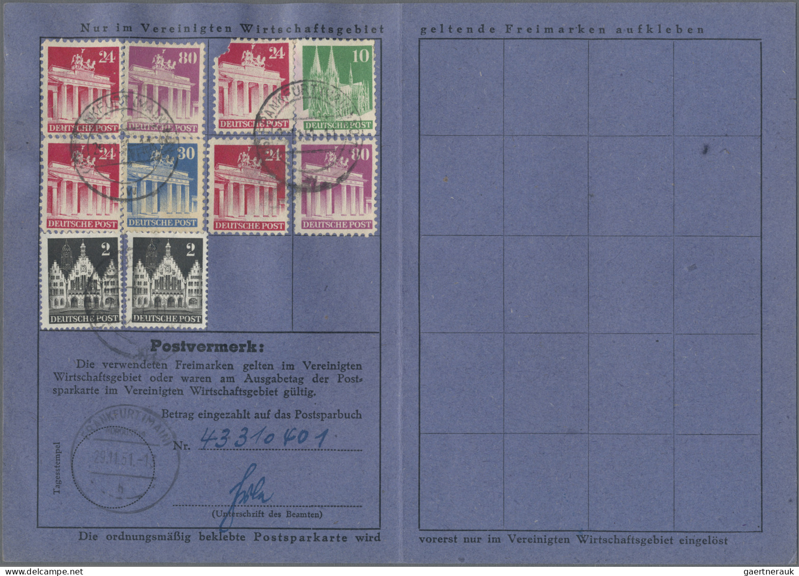 Bizone: 1951, 3 DM In Bauten-Marken Als Einzahlungsbestätigung Auf Postsparkarte - Autres & Non Classés