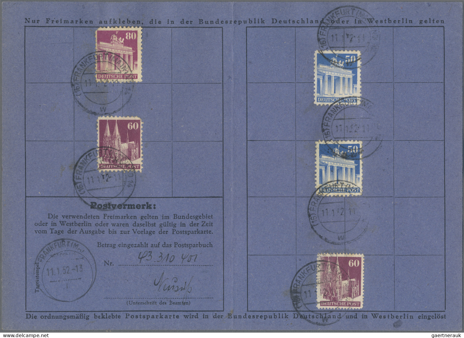Bizone: 1952, 3 DM In Bauten-Marken Als Einzahlungsbestätigung Auf Postsparkarte - Otros & Sin Clasificación