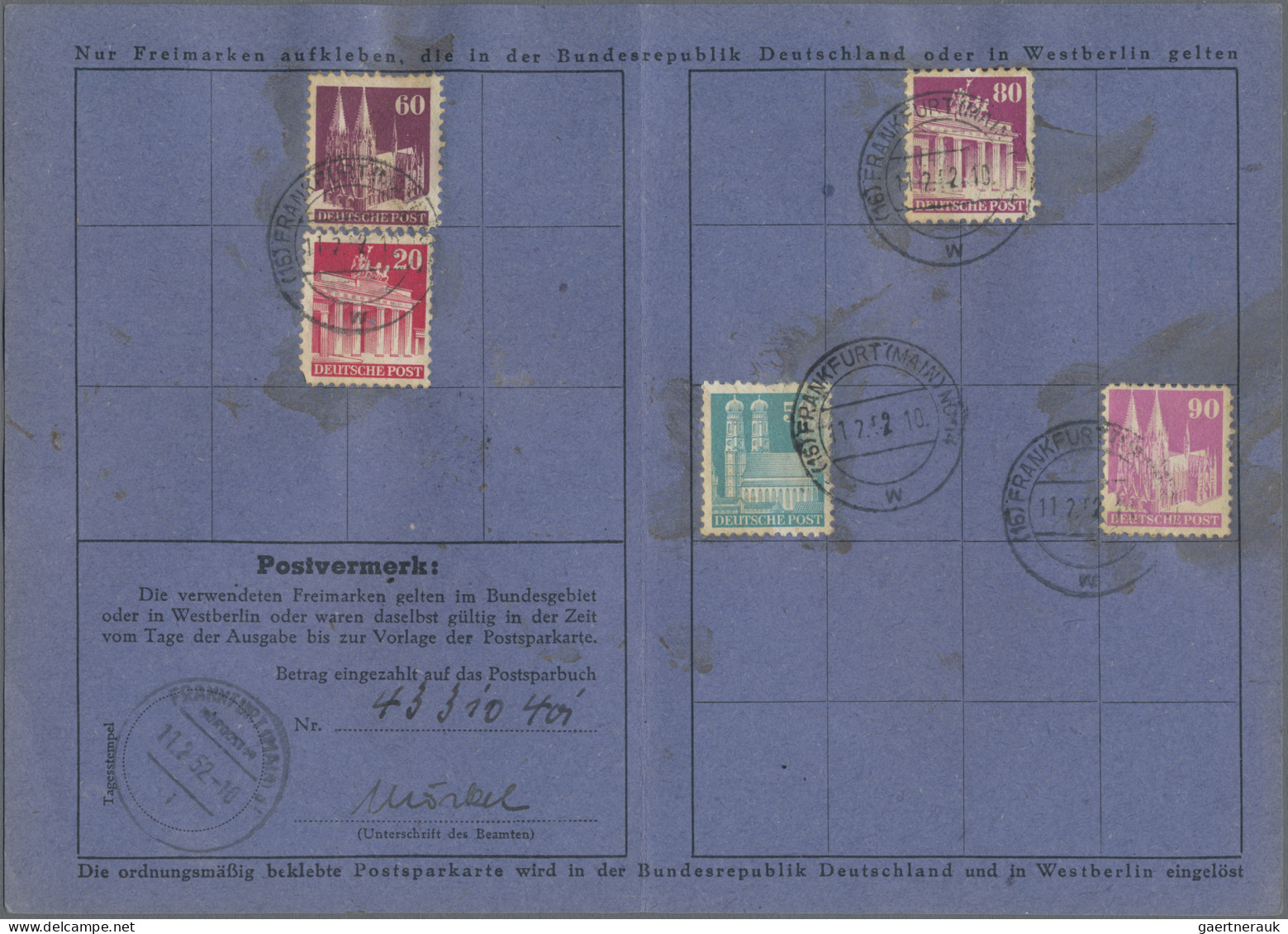 Bizone: 1952, 3 DM In Bauten-Marken Als Einzahlungsbestätigung Auf Postsparkarte - Other & Unclassified