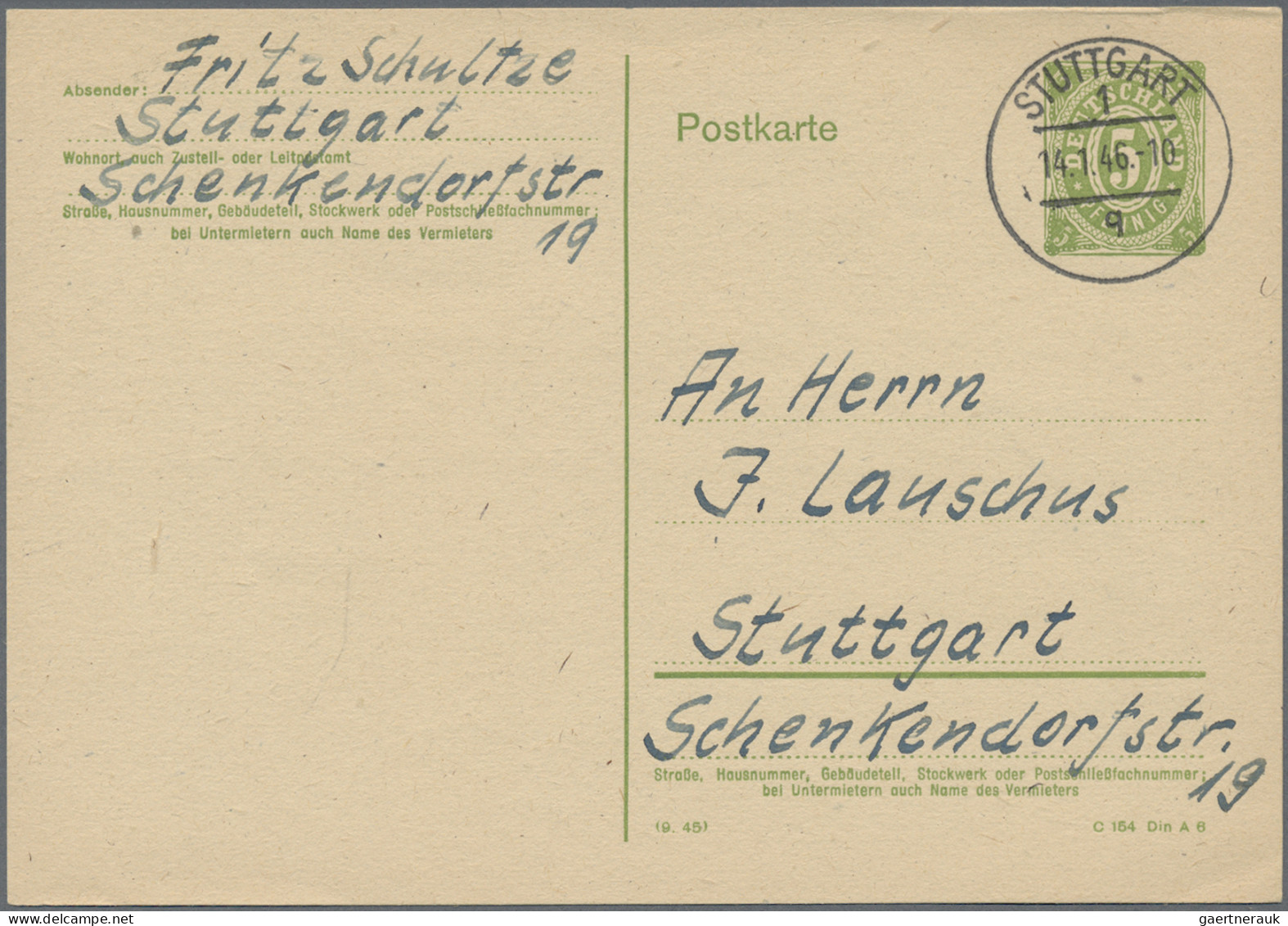 Bizone - Ganzsachen: 1945, Ortskarte 5 Pfg. Hellgrün Bedarfsgebraucht Von "STUTT - Sonstige & Ohne Zuordnung