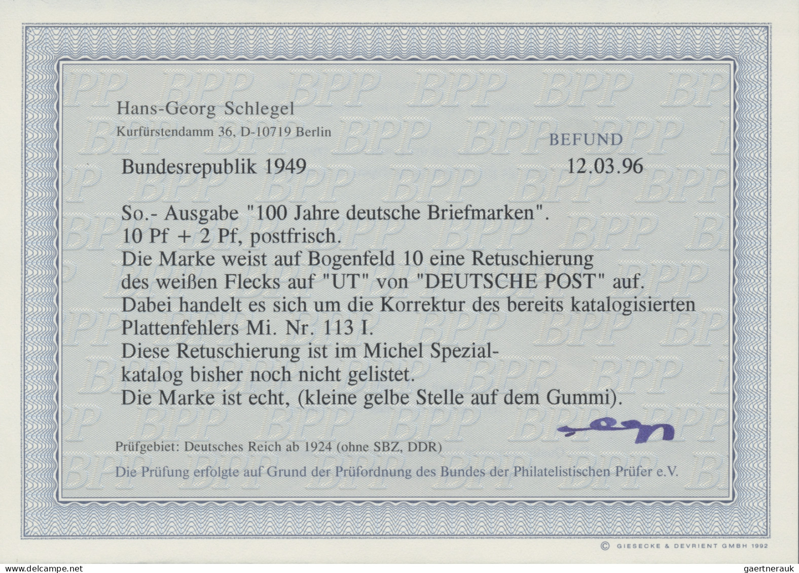 Bundesrepublik Deutschland: 1949, 100 Jahre Deutsche Briefmarken, 10+2(Pf) Mit P - Lettres & Documents