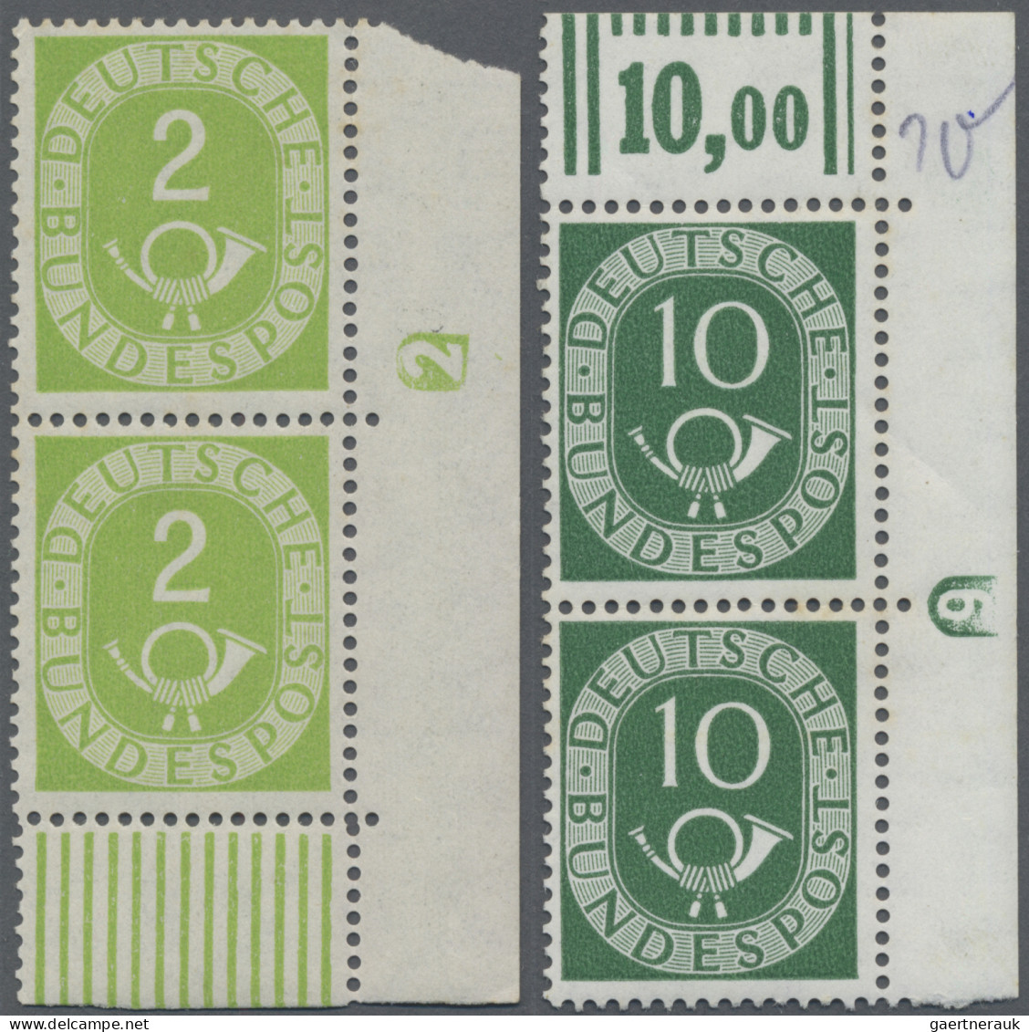 Bundesrepublik Deutschland: 1951, Posthorn 2 Pfg. Senkr. Paar, Eckrand UR Mit Dr - Unused Stamps