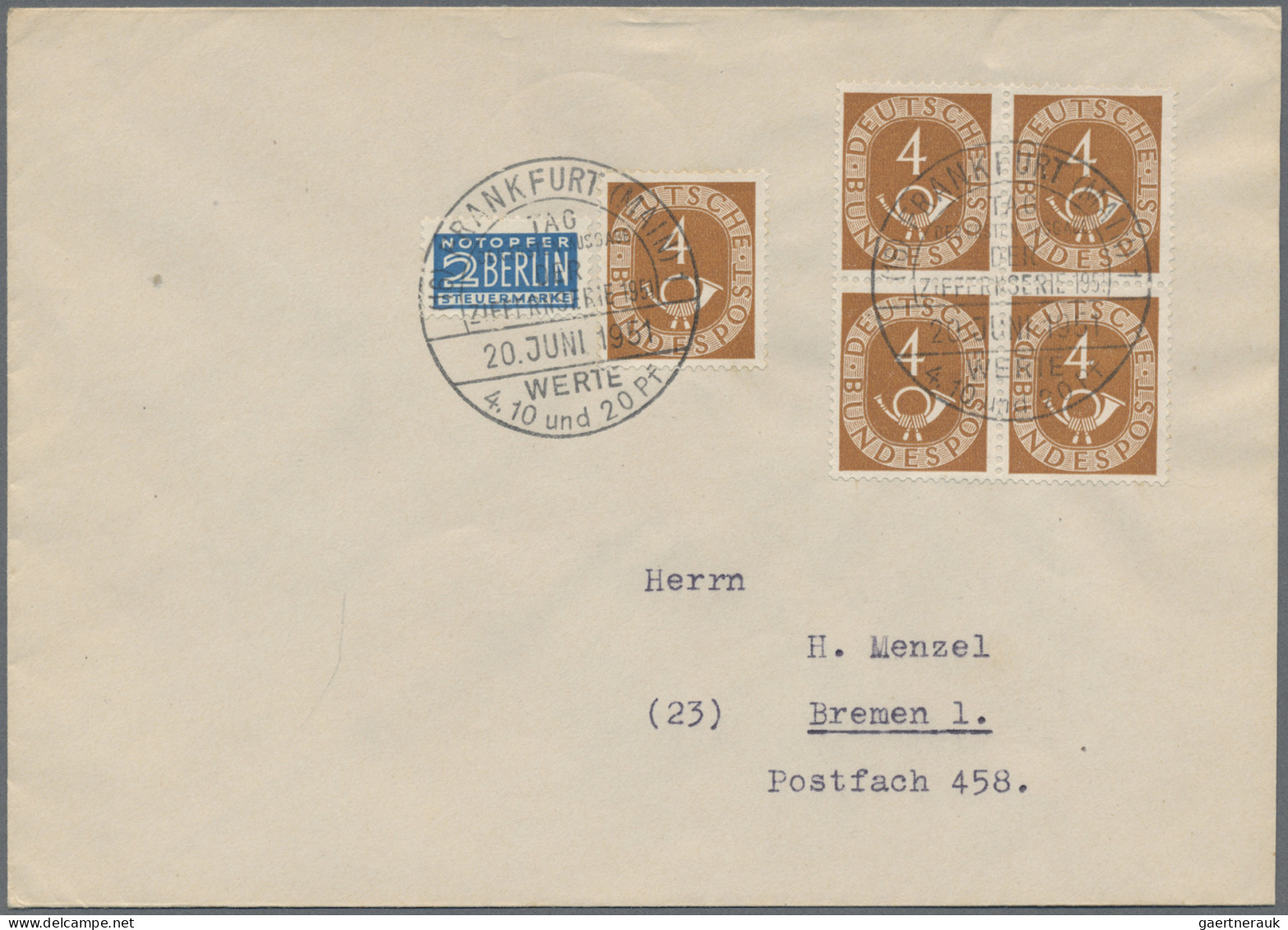 Bundesrepublik Deutschland: 1951, 4 Pf Posthorn Im Viererblock Plus Einzelmarke - Cartas & Documentos