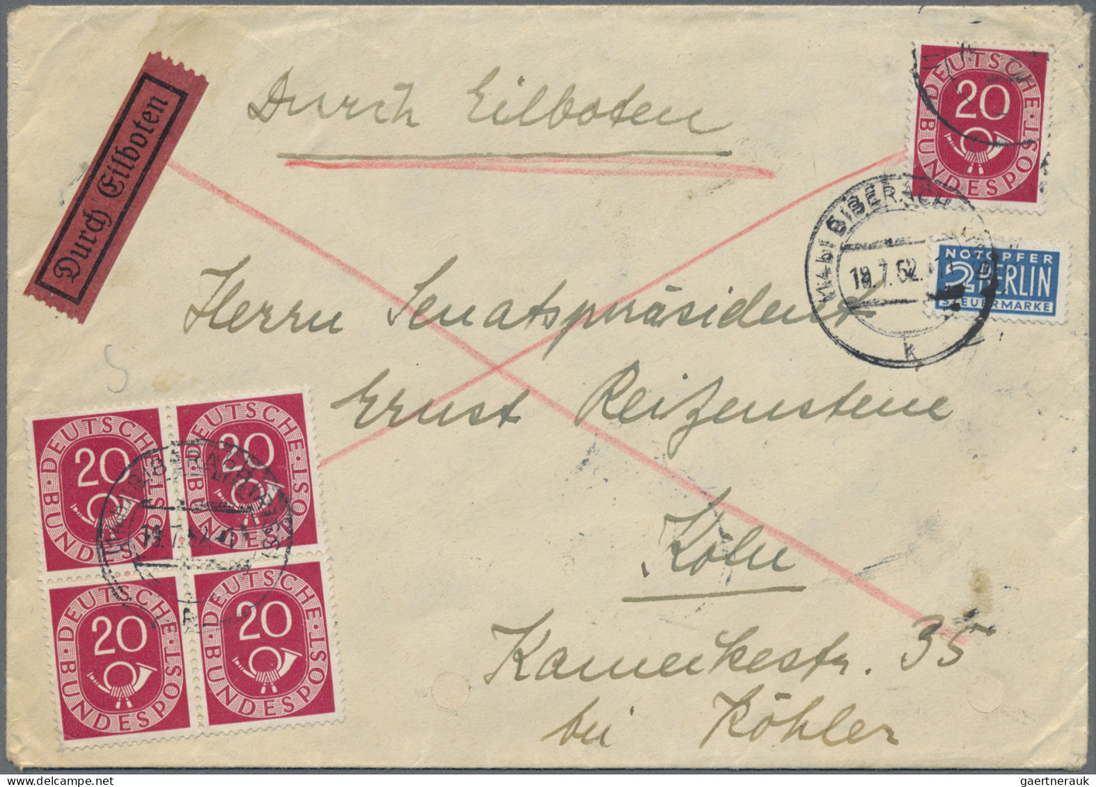 Bundesrepublik Deutschland: 1951, 4 Pf Posthorn Im Viererblock Plus Einzelmarke - Briefe U. Dokumente
