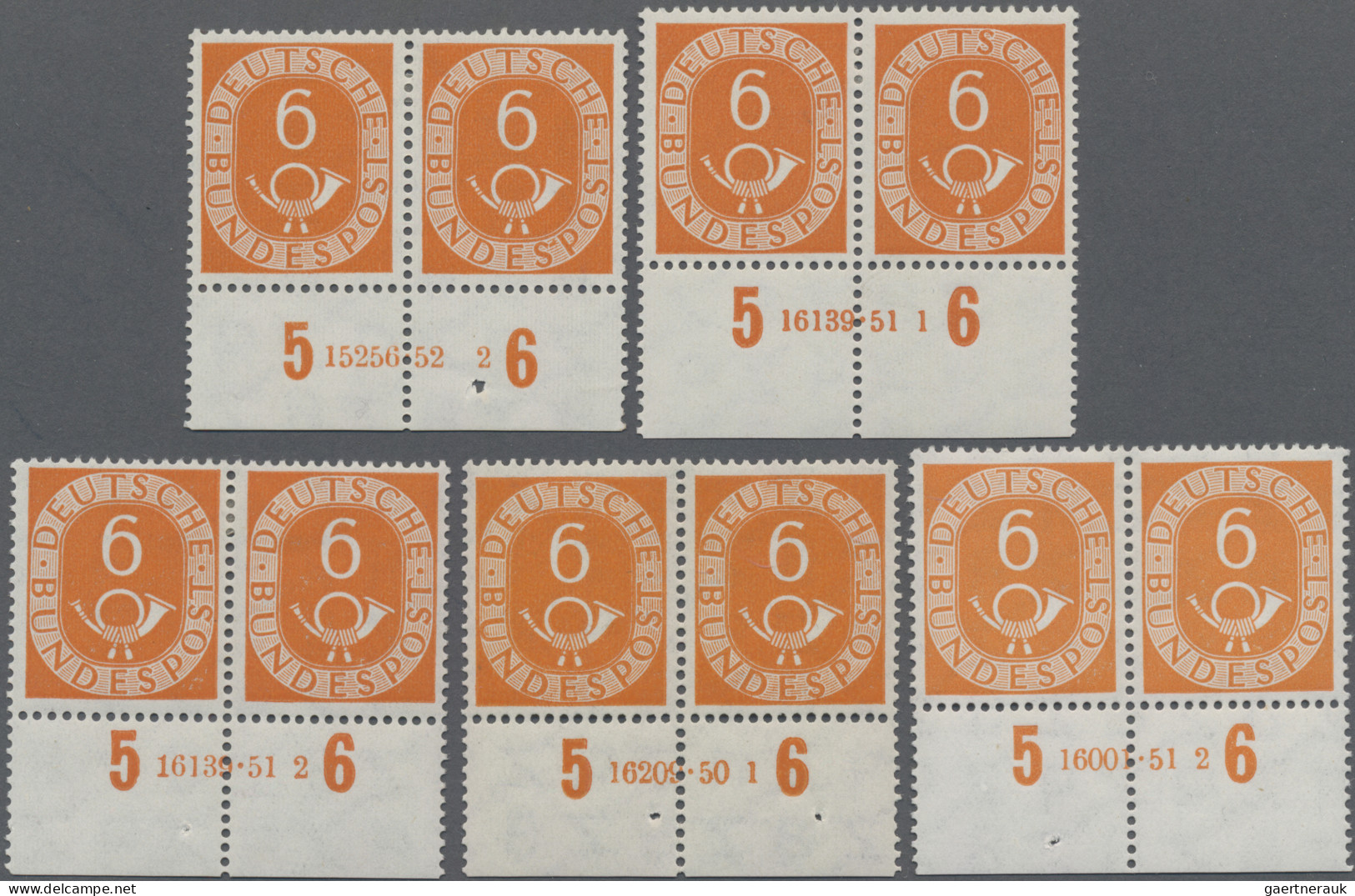 Bundesrepublik Deutschland: 1951, Posthorn 6(Pf), 5 Unterrandpaare Mit Verschied - Nuovi