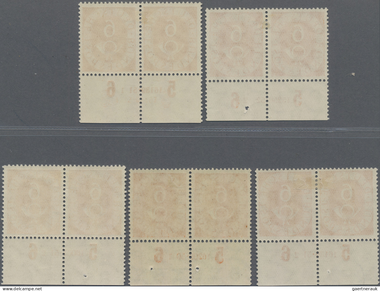 Bundesrepublik Deutschland: 1951, Posthorn 6(Pf), 5 Unterrandpaare Mit Verschied - Unused Stamps