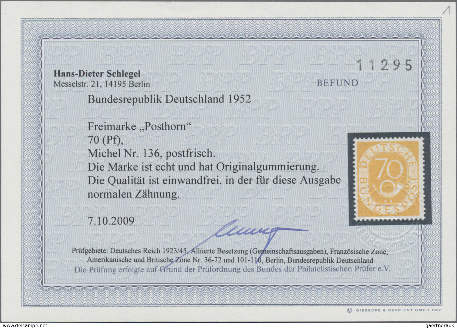 Bundesrepublik Deutschland: 1951, Posthorn 70(Pf) Mit Fotobefund Schlegel BPP, P - Ungebraucht