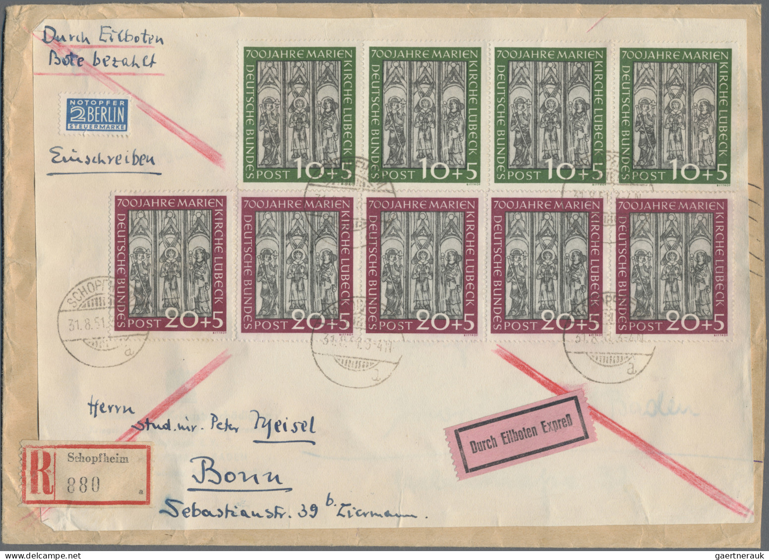 Bundesrepublik Deutschland: 1951, Marienkirche 10 Und 5 Pf (4 Mal) Sowie 20 Und - Covers & Documents