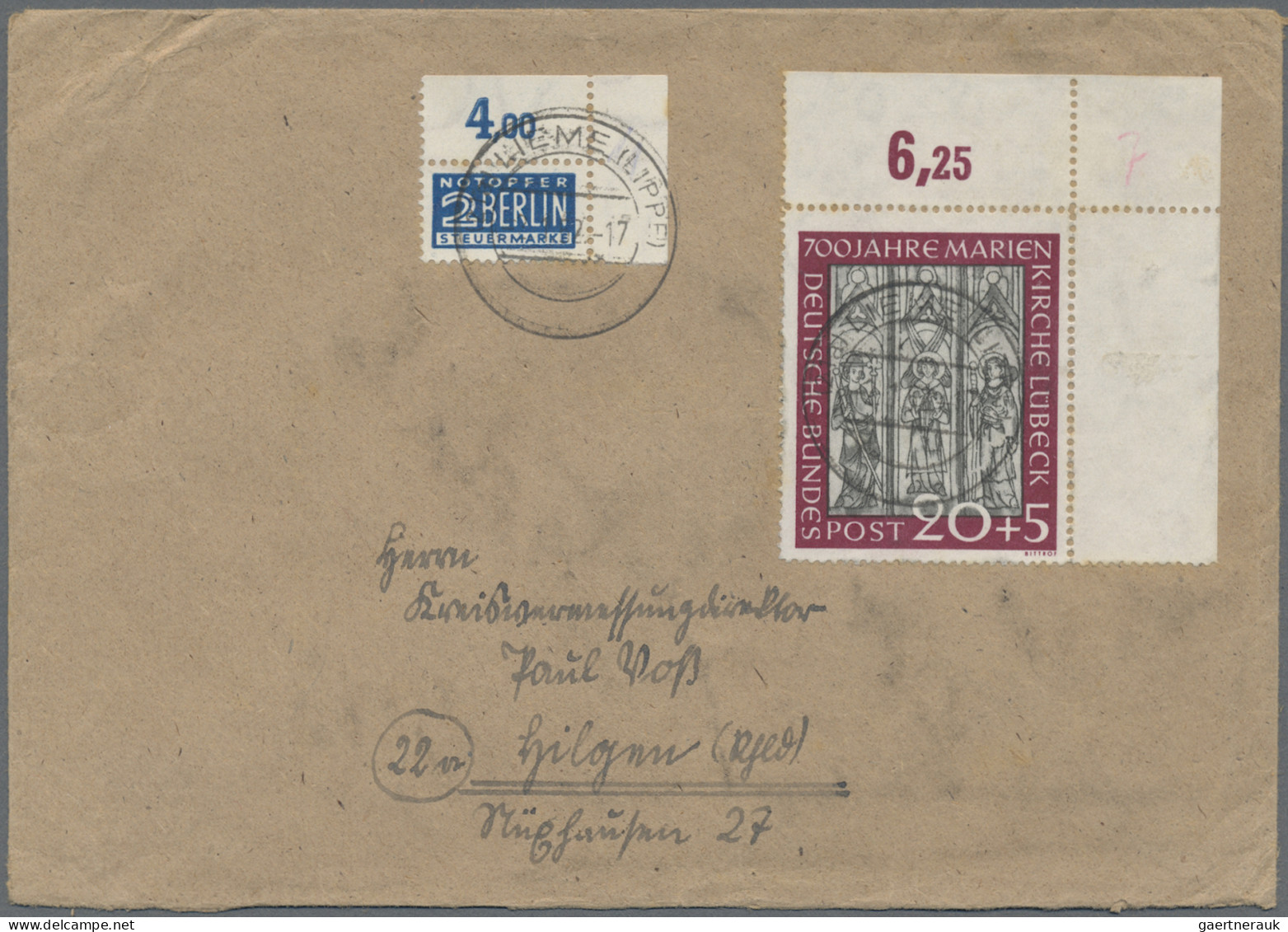 Bundesrepublik Deutschland: 1951, 10 Pf Marienkirche Aus Der Rechten Oberen Ecke - Brieven En Documenten