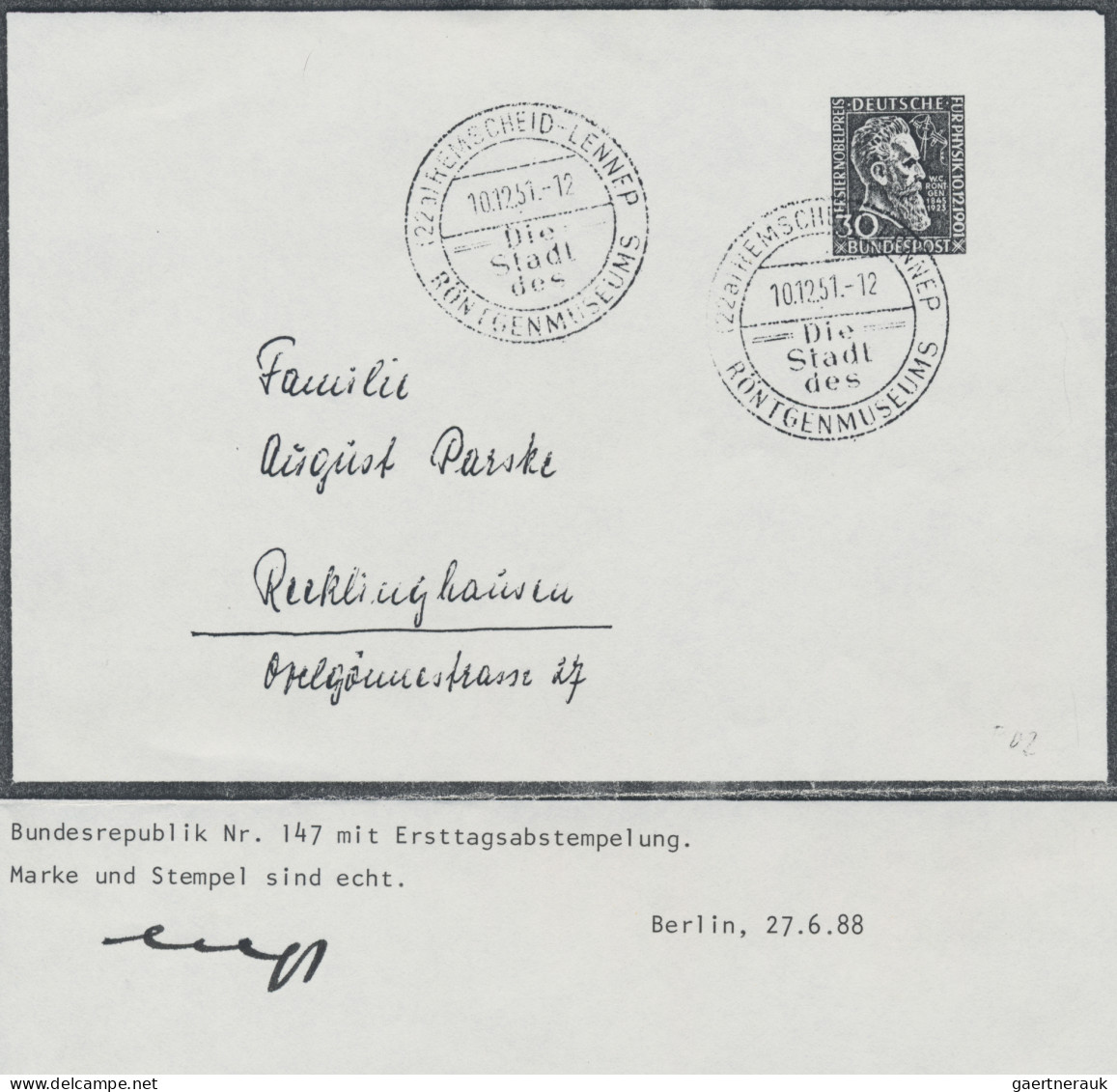 Bundesrepublik Deutschland: 1951, Röntgen, Auf Ersttagsbrief, Foto-Befund (Kopie - Andere & Zonder Classificatie