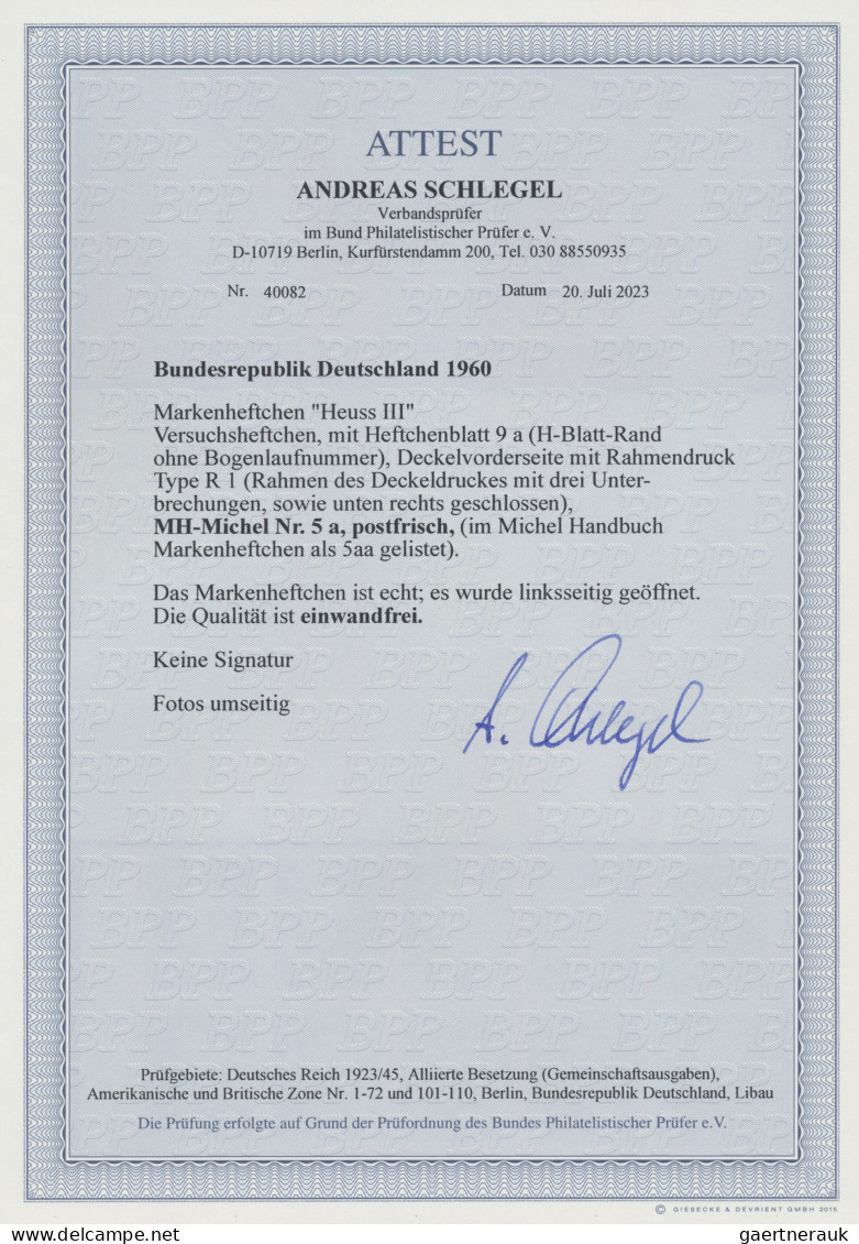 Bundesrepublik - Markenheftchen: 1960, Markenheftchen "Heuss III", VERSUCHSHEFTC - Sonstige & Ohne Zuordnung