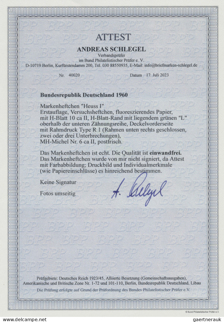 Bundesrepublik - Markenheftchen: 1960, Markenheftchen Heuss I, VERSUCHSHEFTCHEN, - Andere & Zonder Classificatie