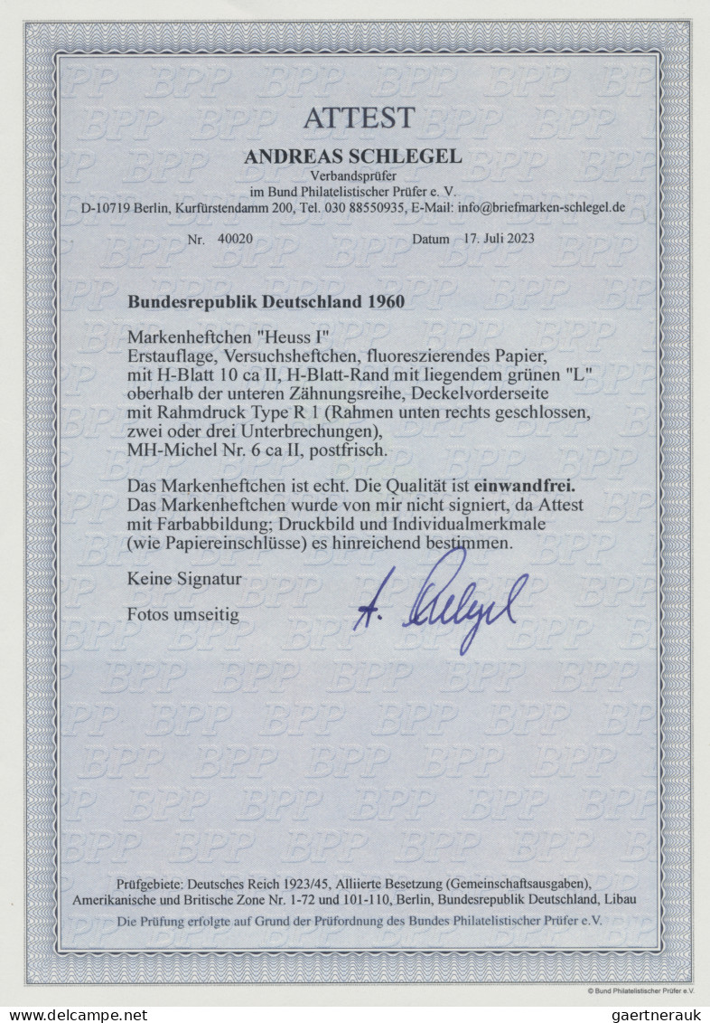 Bundesrepublik - Markenheftchen: 1960, Markenheftchen Heuss I, VERSUCHSHEFTCHEN, - Other & Unclassified