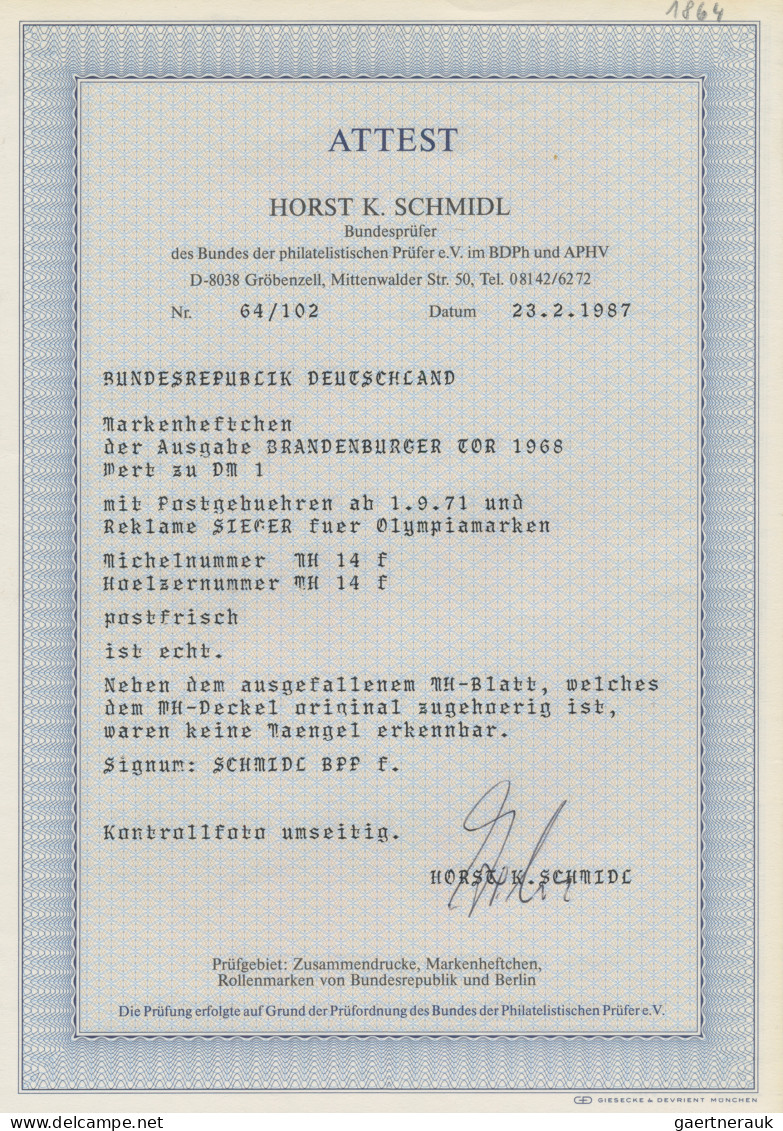 Bundesrepublik - Markenheftchen: 1968, Brandenburger Tor, 1 DM Markenheftchen Mi - Autres & Non Classés