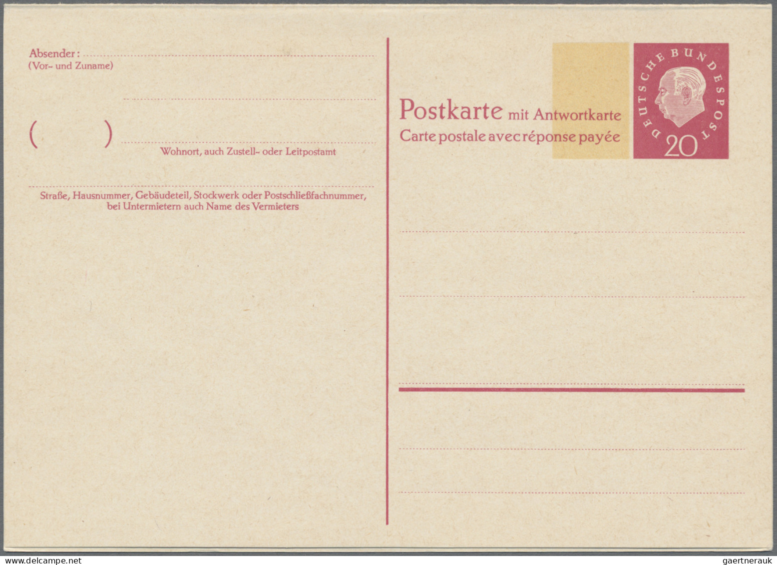Bundesrepublik - Ganzsachen: 1960, Doppelkarte 20+20 Pf Heuss Medaillon Mit Brei - Other & Unclassified