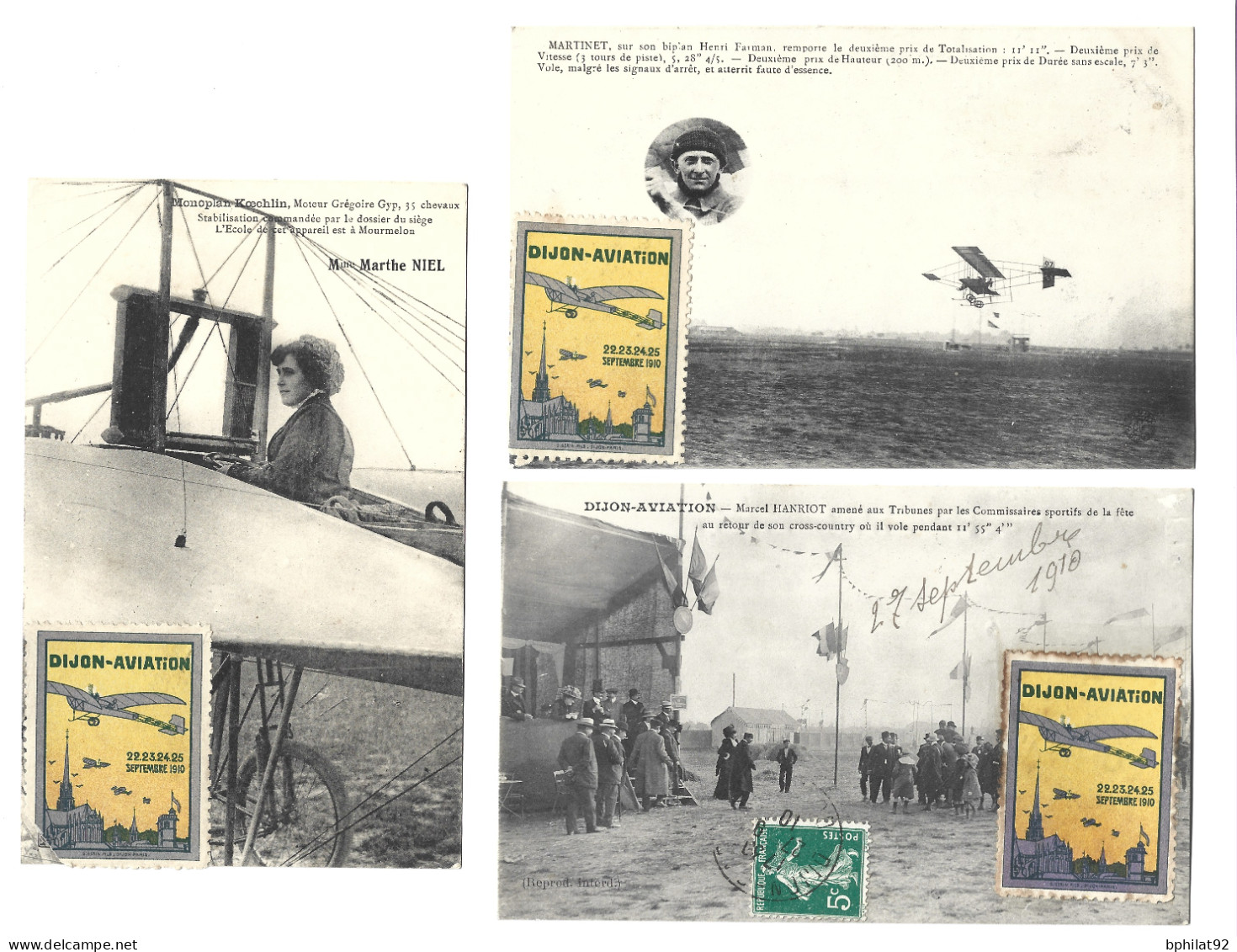 LOT DE 3 CARTES POSTALES MEETING DE DIJON (SEPTEMBRE 1910) AVEC VIGNETTES - Aviation