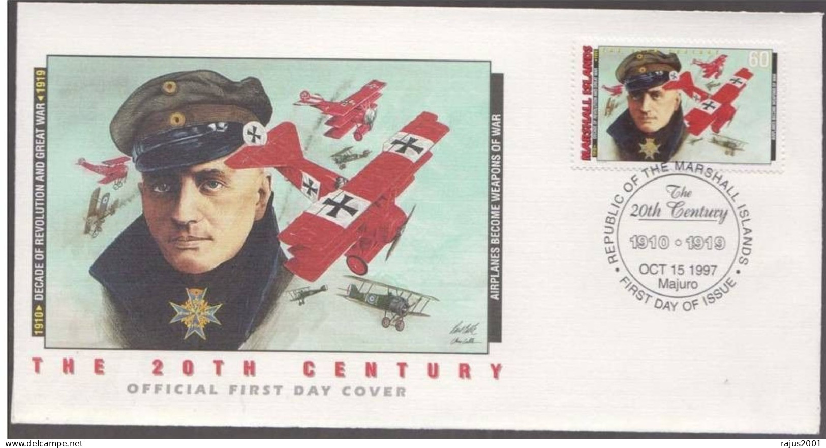 Manfred Von Richthofen, Red Baron, Fighter Pilot Flying Circus Of German Air Ace, Army Aviation Biplane WWI Marshall FDC - Guerre Mondiale (Première)