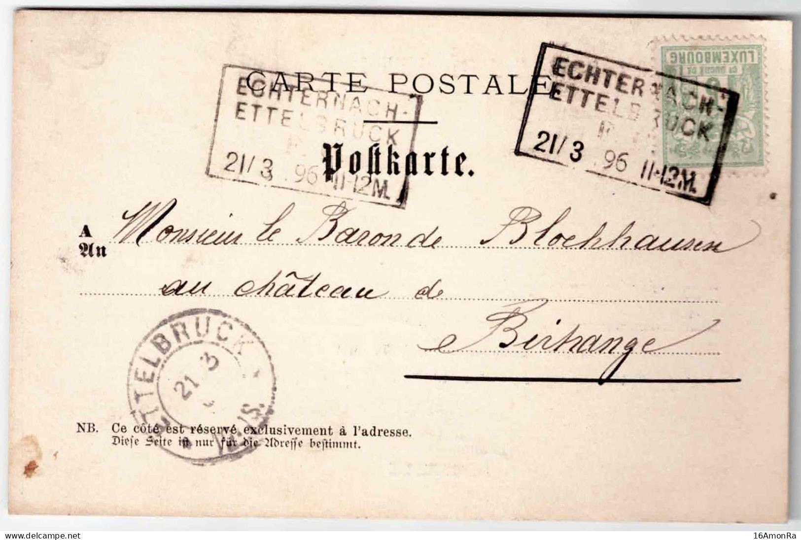 5c. Obl. Ambulant ECHTERNACH ETTELBRUCK F.C. Sur C.P. Du 21/3 1896 Vers Birtrange.  SUperbe - 21557 - 1882 Allegory