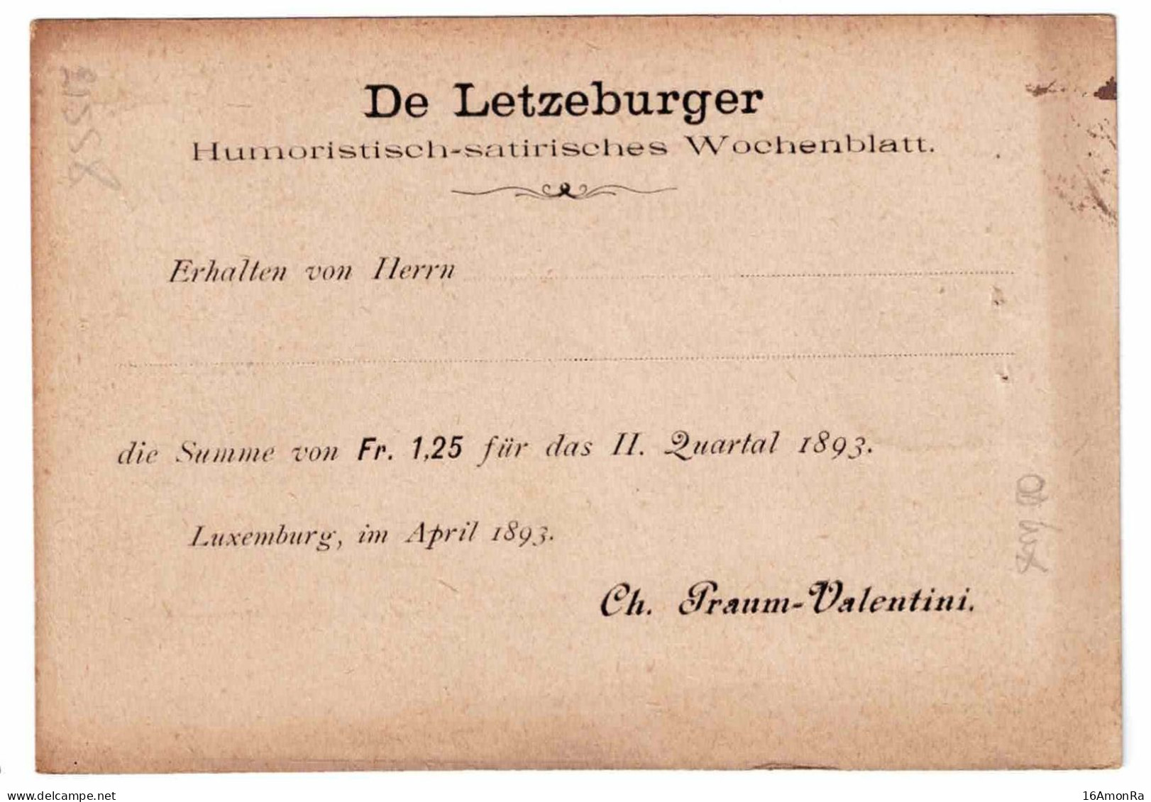 25c. Obl. Dc LUXEMBOURG-VILLE Sur C.P. Du 17 - 6 1893 Vers Birtange + Griffe AUSLAGEN - Verso : Ill. De LETZEBURGER Humo - 1891 Adolphe Voorzijde