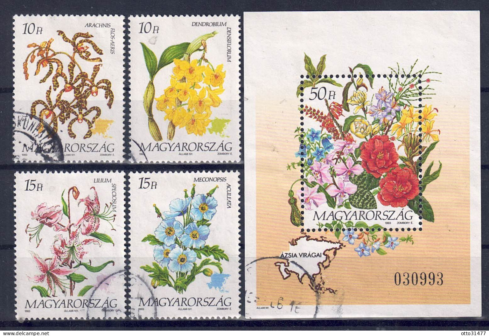 Ungarn 1991 - Blumen Asiens, Nr. 4128 A - Block 224, Gestempelt / Used - Usati