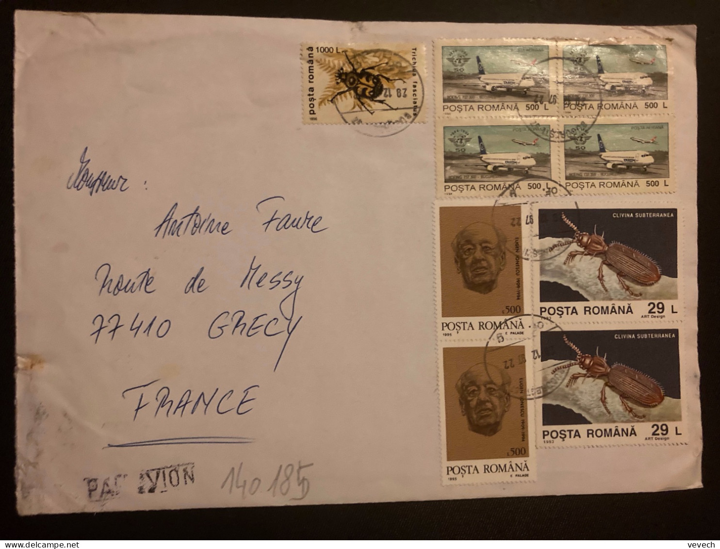 LETTRE Par Avion Pour La FRANCE TP AVION 500 BLOC De 4+CLIVINA SUBTERRANEA 29 X2+TRICHIUS FASCIATUS 1000+IONESCU 500 X2 - Storia Postale