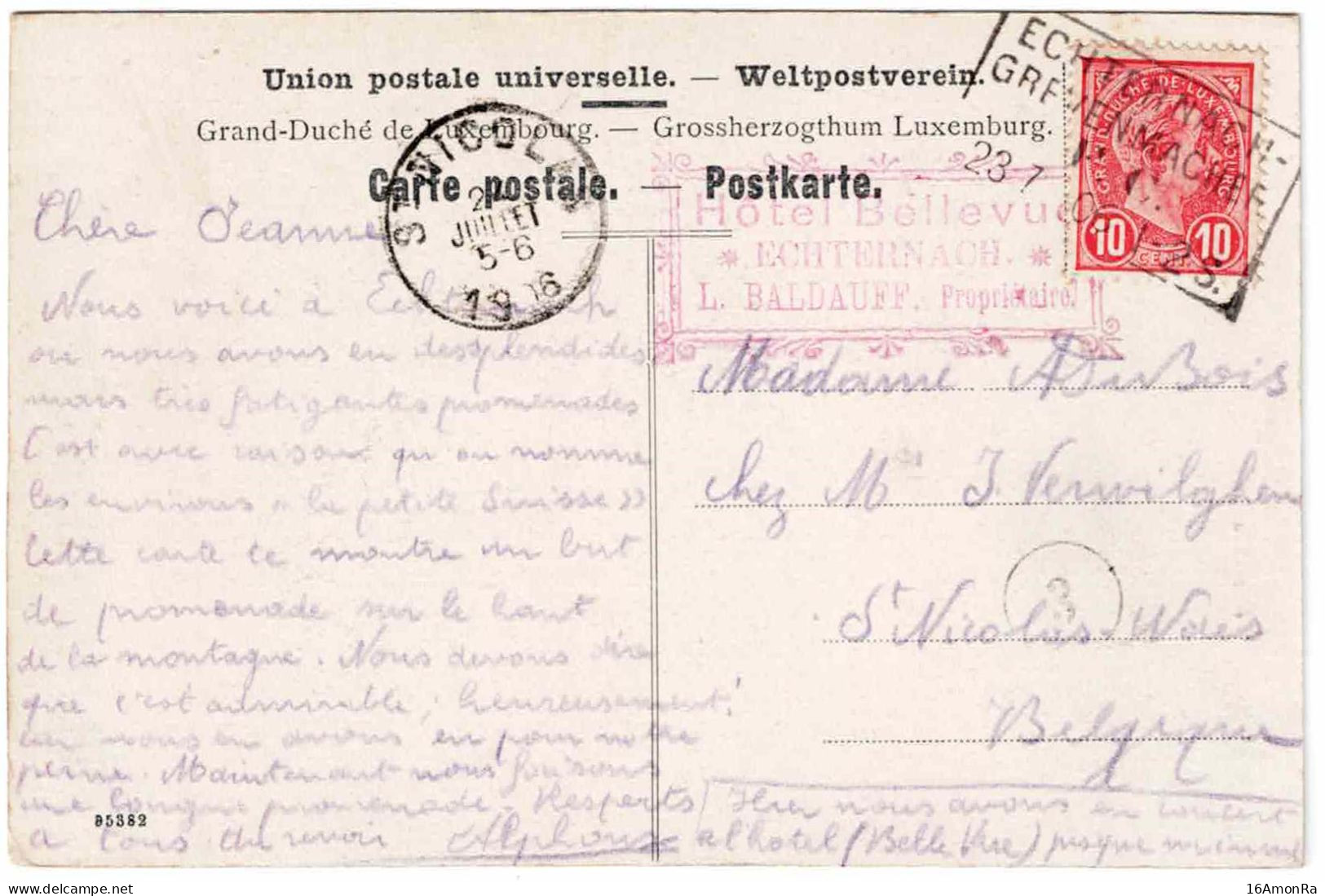 10c. Obl. Ambulant ECHTERNACH GREVENMACHER F.C. Sur Carte Du 23-7 1906 Vers St- Nicolas Waas (Belgien) .  Griffe Rouge H - 1895 Adolphe Right-hand Side