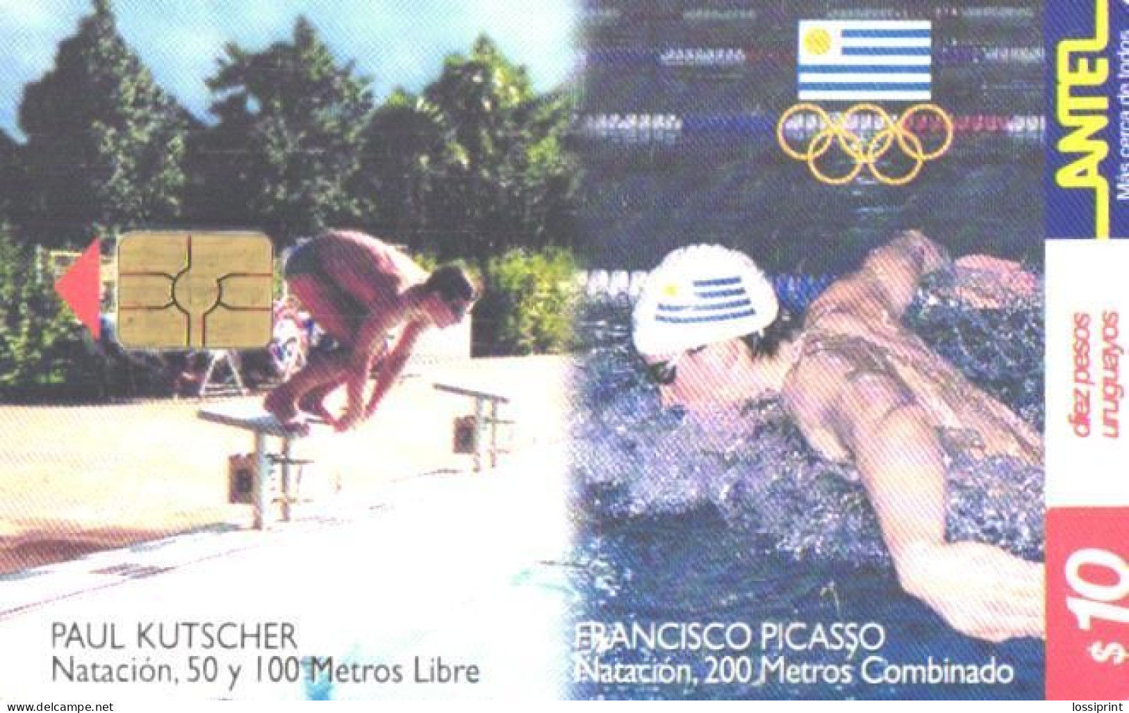 Uruguay:Used Phonecard, Antel, 10 $, Swimmers Paul Kutscher, Francisco Picasso, Olympic Games, 2000 - Uruguay