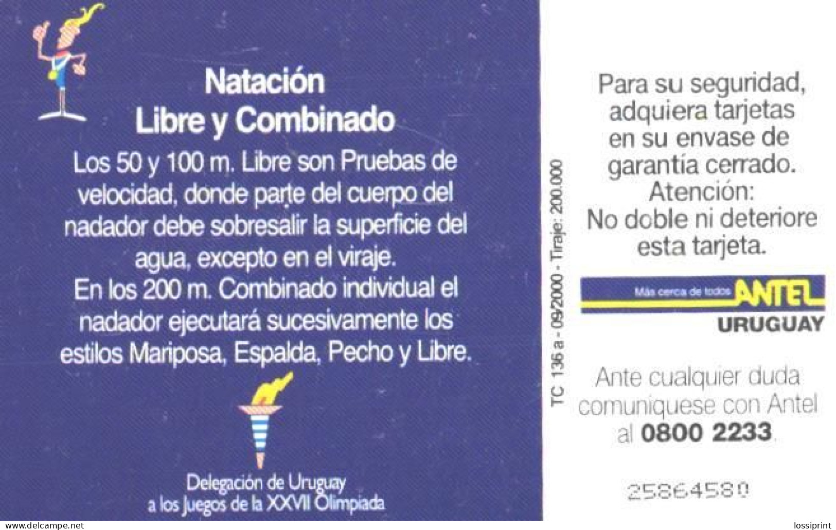 Uruguay:Used Phonecard, Antel, 10 $, Swimmers Paul Kutscher, Francisco Picasso, Olympic Games, 2000 - Uruguay